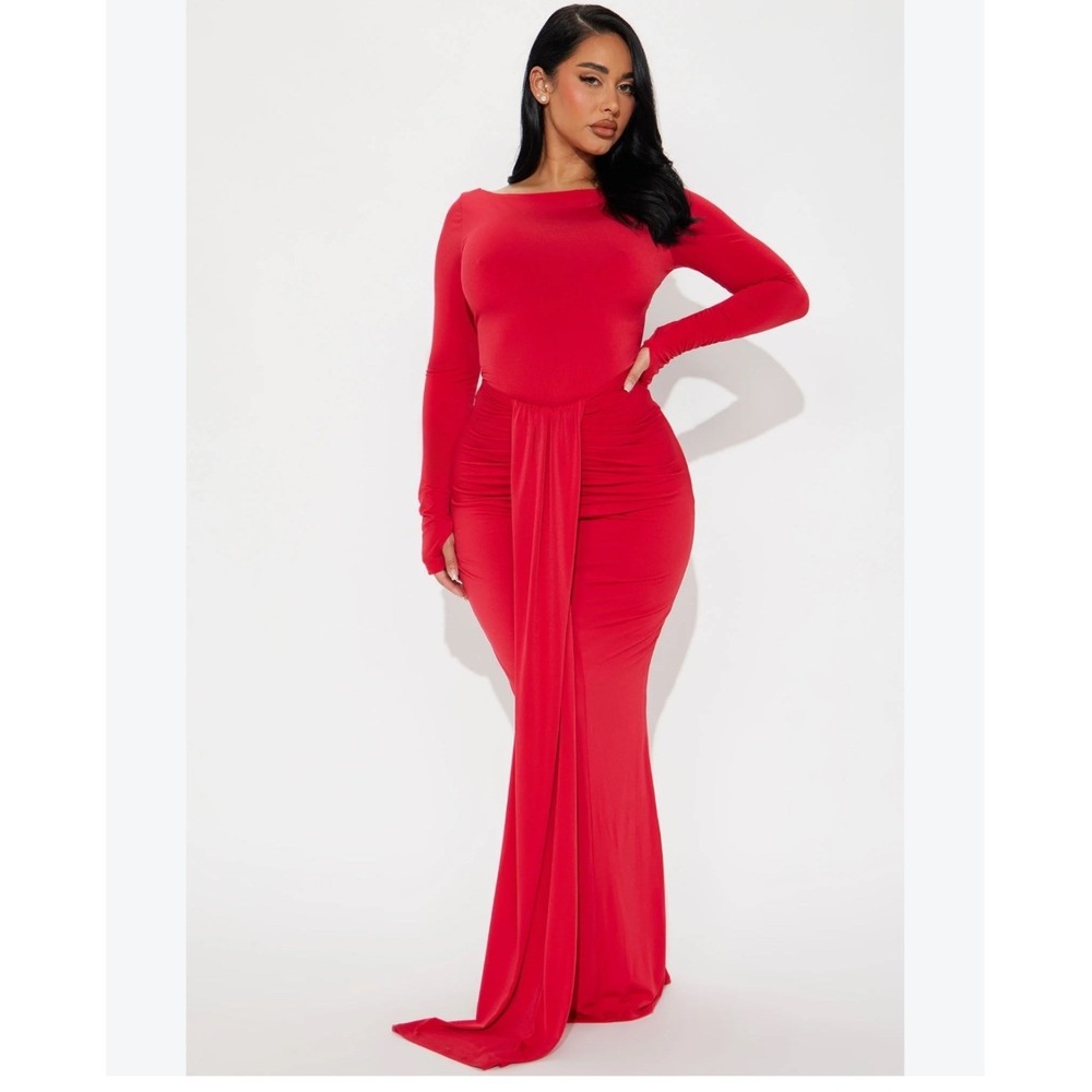 Fashion Nova Formal Eloise Boat Neck Maxi Dress Red Long Sleeve Ruched Gown 1X